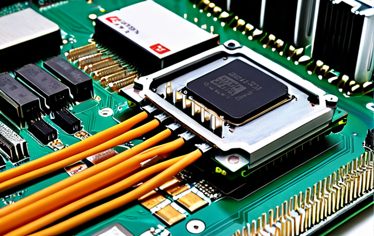 **
A close-up shot of a CPU and motherboard. The CPU is modern, perhaps an AMD Ryzen or Intel Core i5, showcasing its pins or surface details. The motherboard is visibly labeled with identifiable features like PCIe slots, RAM slots populated with modules, and heatsinks. The overall impression should be of high-tech components ready to be assembled. Lighting should be dramatic, highlighting the intricate details.
**