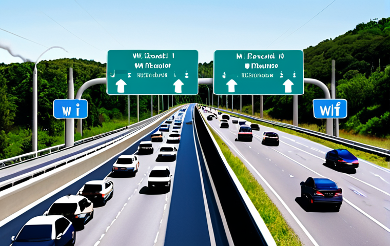 **A split-screen image:** On one side, a congested four-lane highway with cars bumper-to-bumper (representing Wi-Fi 5 during peak hours). On the other side, a smooth-flowing eight-lane highway with smart traffic management (representing Wi-Fi 6). The overall feel should be modern and slightly futuristic.
