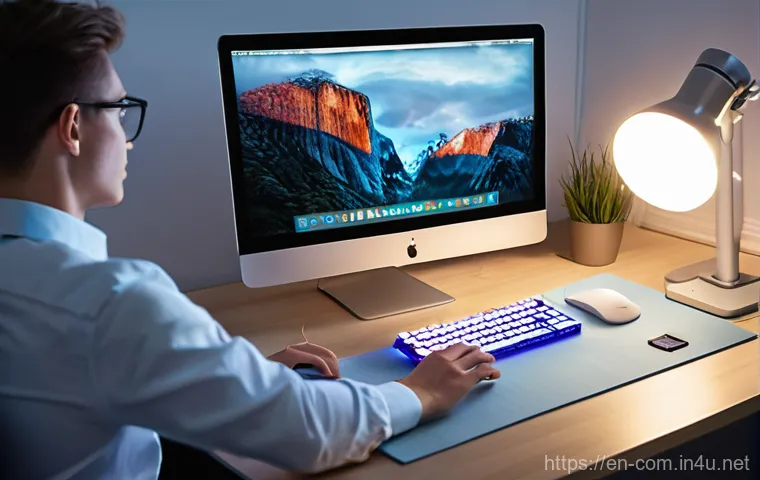 RGB 조명 키보드와 일반 키보드 비교 - **Prompt:** A serene and productive home office environment at night, bathed in a soft, functional g...