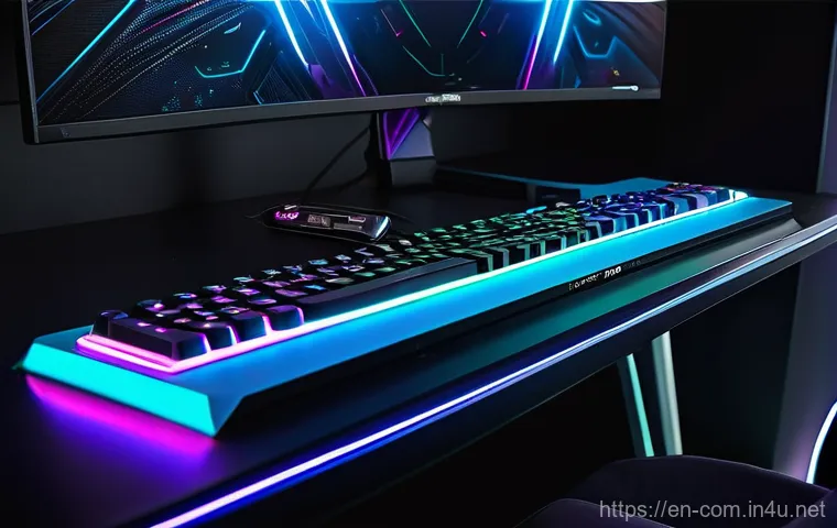 RGB 조명 키보드와 일반 키보드 비교 - **Prompt:** A serene and productive home office environment at night, bathed in a soft, functional g...