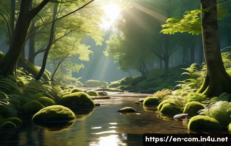 레이 트레이싱이 게임에 미치는 영향 - **"A lush, ancient forest at dawn, bathed in ray-traced global illumination. Sunlight filters throug...